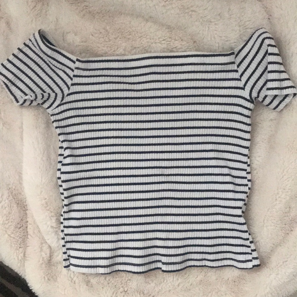 Stripped Off the shoulder navy and white shirt